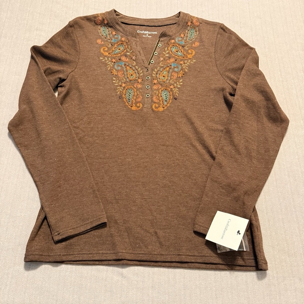 Croft & Barrow Small Brown Paisley Embroidered Henley Thermal Shirt NWT Boho